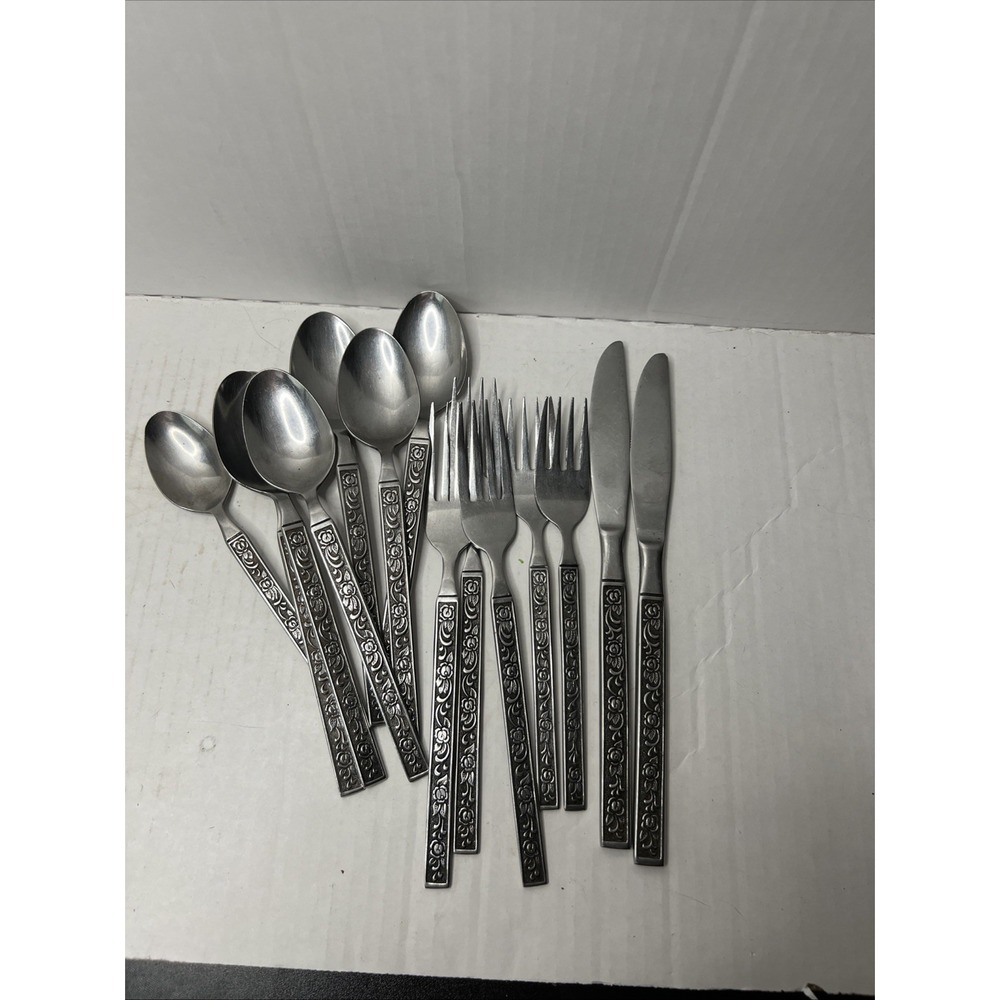 Vintage Interpur Stainless Flatware Rose Silverware 14 pc Japan